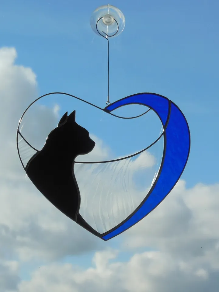 Black Cat in Blue Heart . Art stained glass window hanging Suncatcher . Gift for animal lover , pet loss memorial