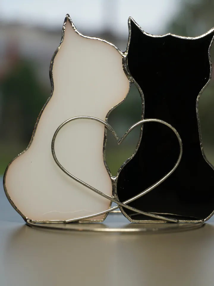 Couple in love Two Cats Stained glass hanging and standing on table , shelf sitters , Suncatcher black , white 2. Cute gift for animal lover