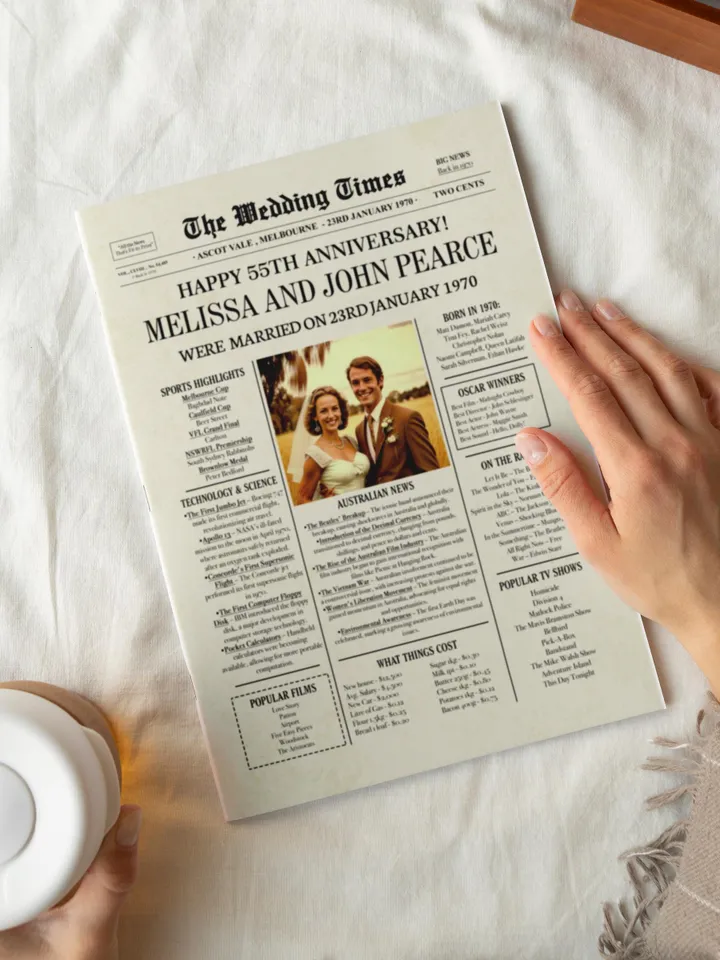 55th anniversary gift for parents, 1970 wedding anniversary gift for husband, 55th wedding anniversary decorations with Aussie facts & news