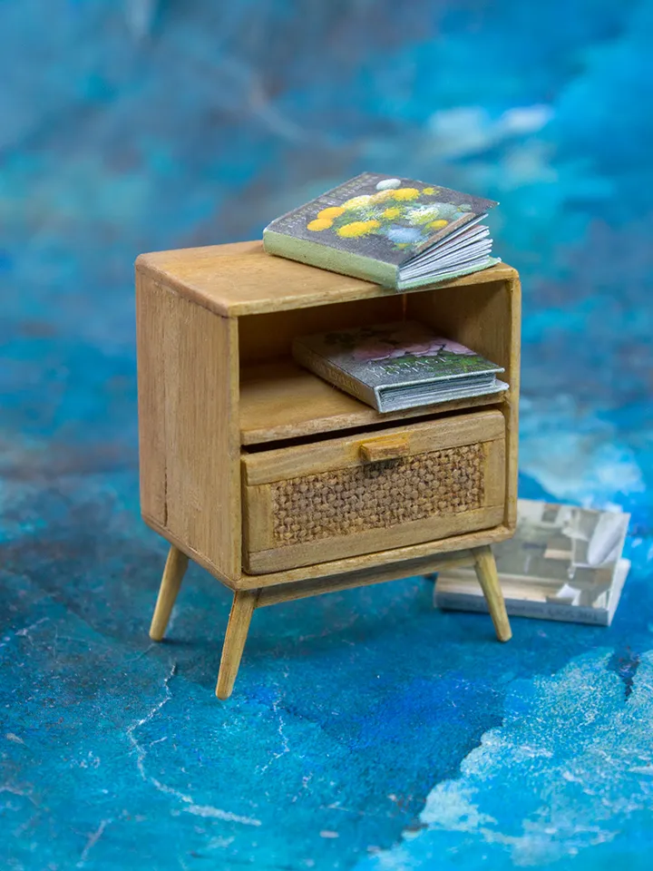 TEMPLATE Miniature nightstand with rattan imitation in 1:12 scale.