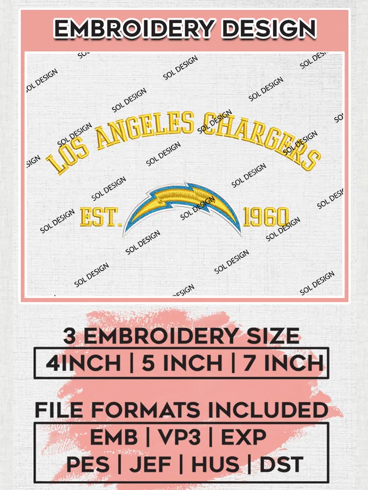 Los Angeles Chargers Est 1960 Embroidery Design Files, NFL Chargers Embroidery Designs, NFL Embroidery Designs, NFL Los Angeles Chargers Machine Embroidery Design, Digital Download