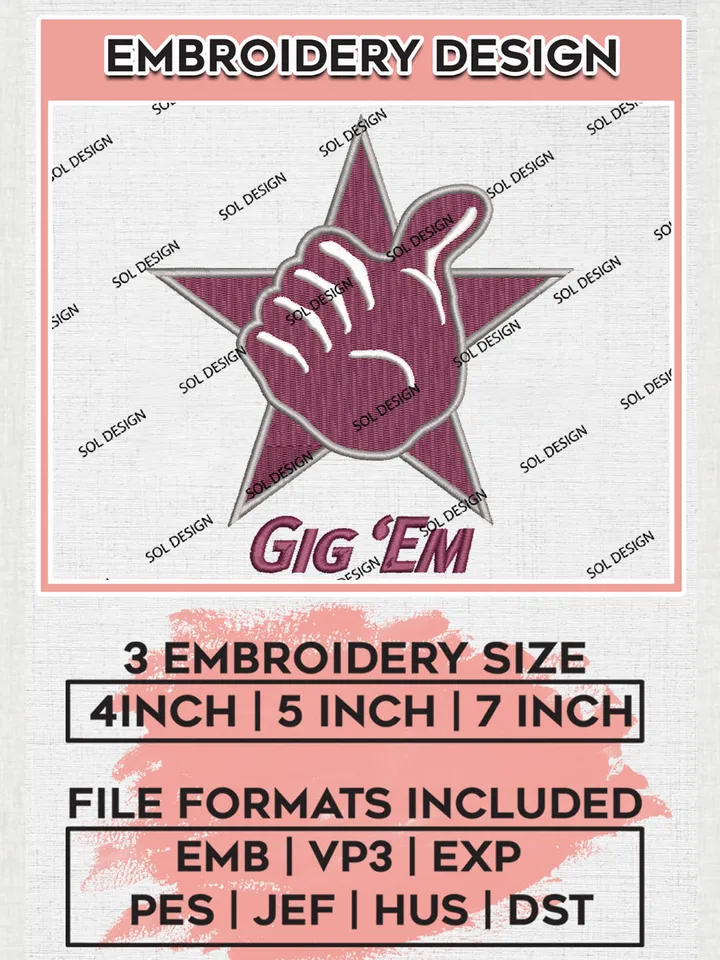 NCAA Gig Em Team Logo Embroidery Design Files, NCAA Texas A&M Aggies Machine Embroidery, NCAA Teams, 3 sizes, NCAA Machine embroidery designs, Digital Download