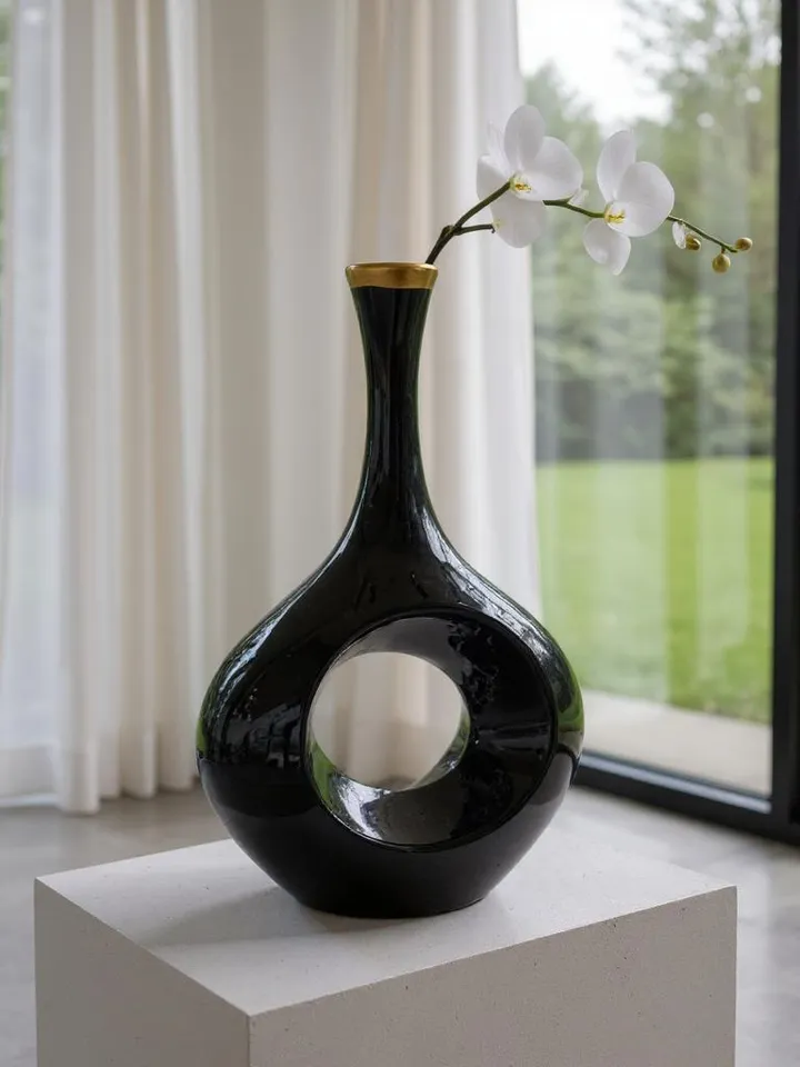 Handcrafted Aestetic Vase For Flowers or Home Decor | Elegant Black and Gold Hand-Painted Vase For Livingroom, Home Decor