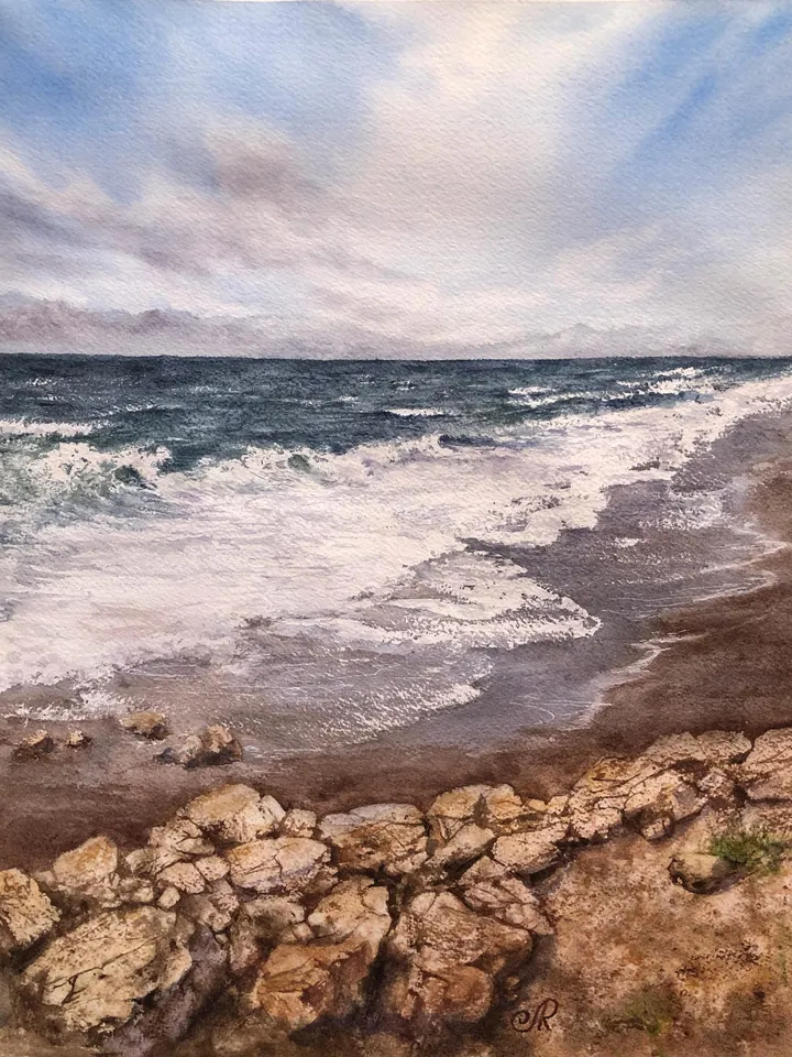 Seascape Original Painting Beach Watercolor Wall Art Clouds and Sea Painting