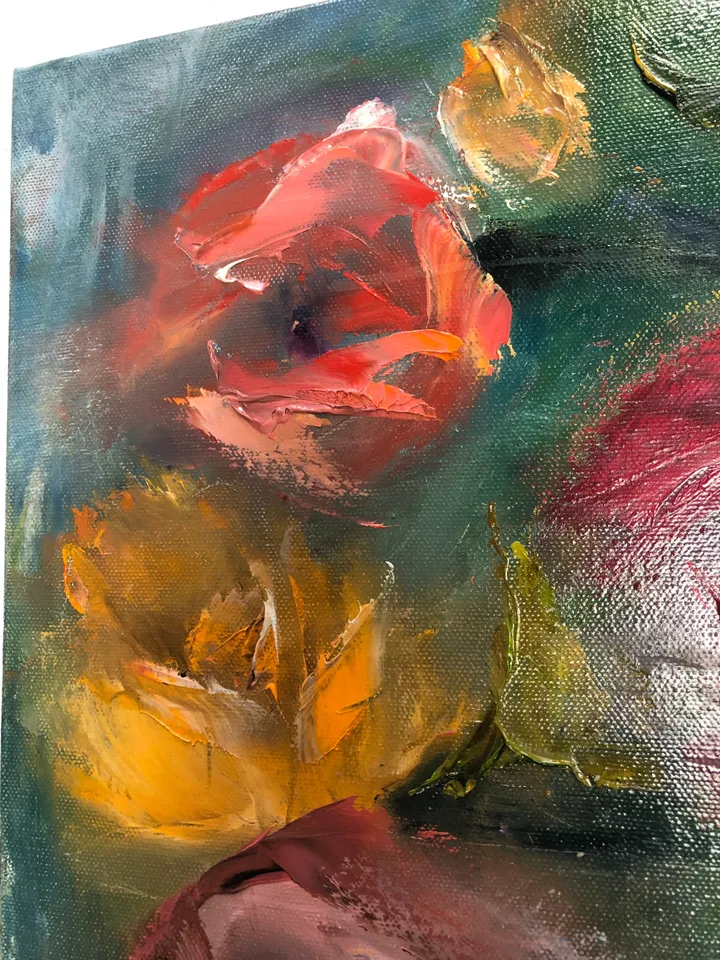 Tulips in vase, Cute flowers, oil Painting on Canvas, Floral art unusual Gift, bouquet Roses, Room Wall Decor, Gift for Women