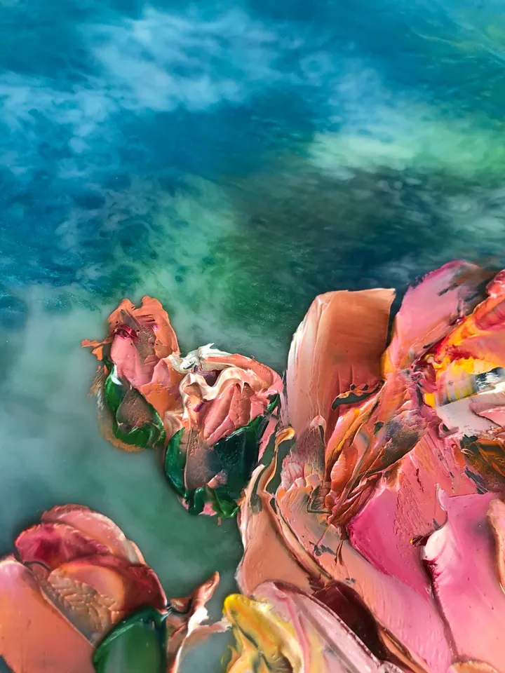 Oil Picture Wall decoration on  Epoxy Resin, Design wall,  Resinartwork rose, pink rose, rose on the blu rose, in the clouds , oil on epoxy
