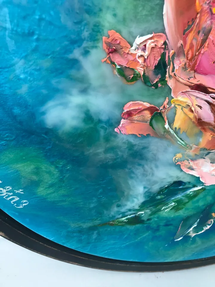 Oil Picture Wall decoration on  Epoxy Resin, Design wall,  Resinartwork rose, pink rose, rose on the blu rose, in the clouds , oil on epoxy