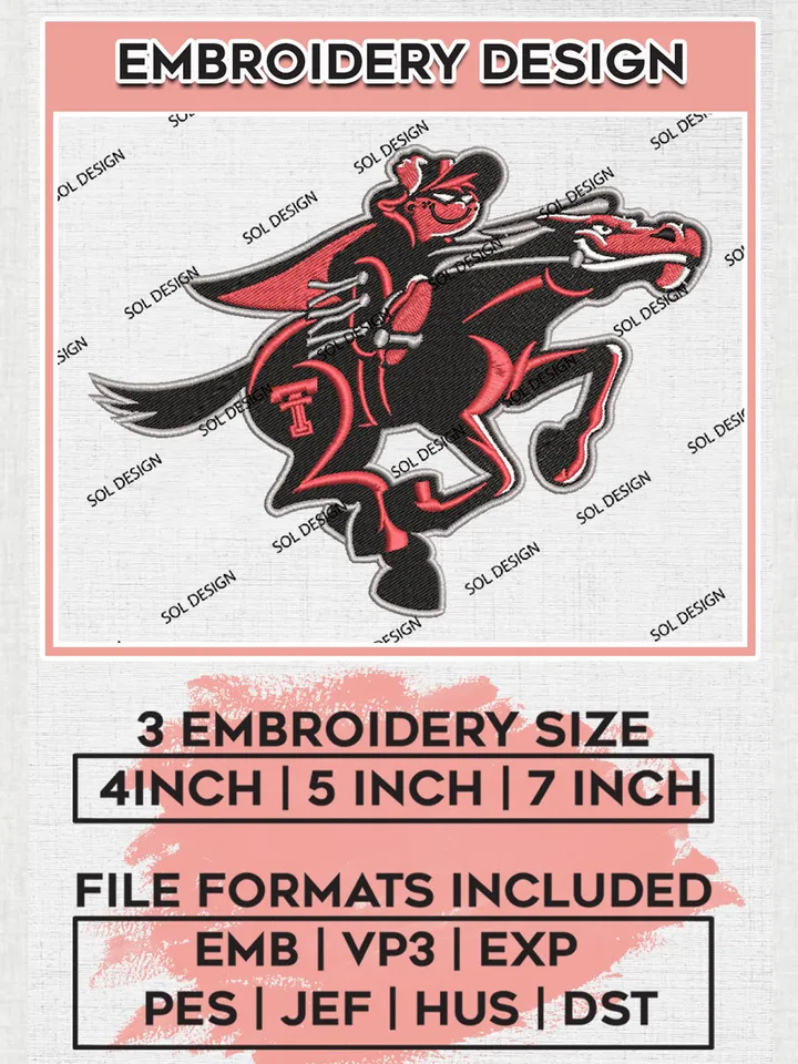 Texas Tech Red Raiders NCAA College Team Logo Embroidery Design Files, NCAA Texas Tech Red Raiders Machine Embroidery, NCAA Teams, 3 sizes, NCAA Machine embroidery designs, Digital Download