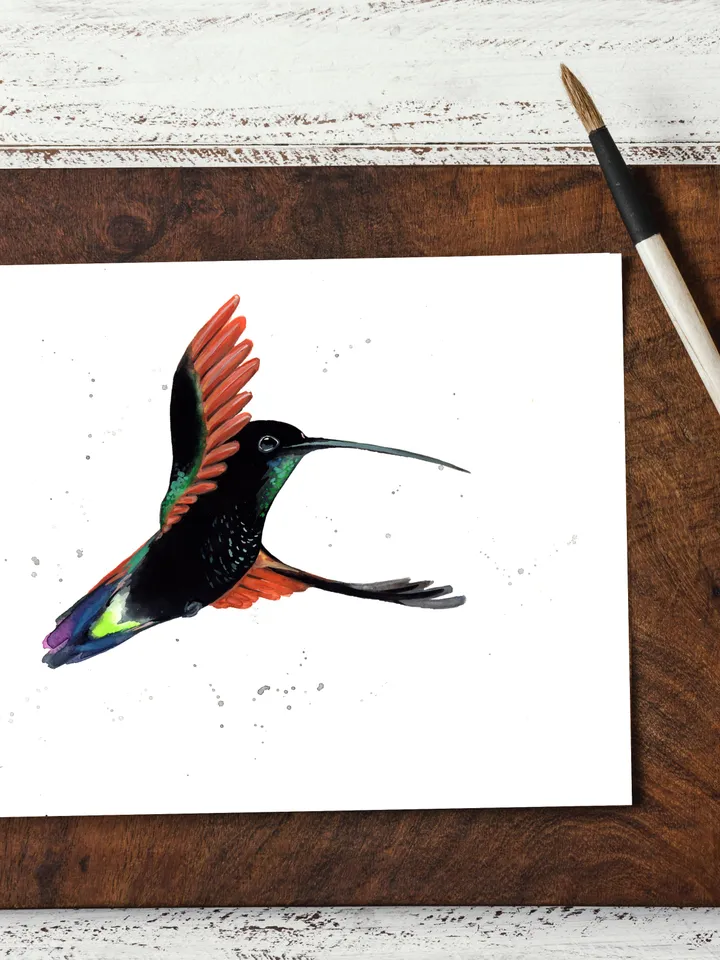 Hummingbird original watercolor painting , bird on the branch, colibri portrait room decor, 8x11 in wall art for bird lovers illustration by Anne Gorywine