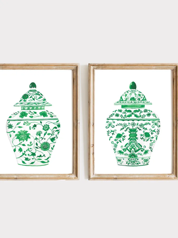 Green Chinoiserie Set Of 2 Posters Watercolor Porcelain Ginger Jar Wall Art Green Vase Print Gift Home Decor Asian Vase Watercolor Prints