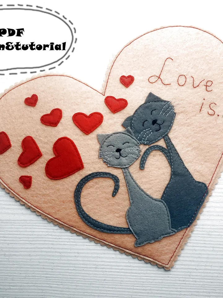 felt pattern, Valentines day card, Valentines day card pattern, felt cute postcard pattern, felt heart pattern, Valentines day gift, Valentines day décor, felt heart PDF sewing pattern, love romantic card, anniversary engagement card, Valentines ornament