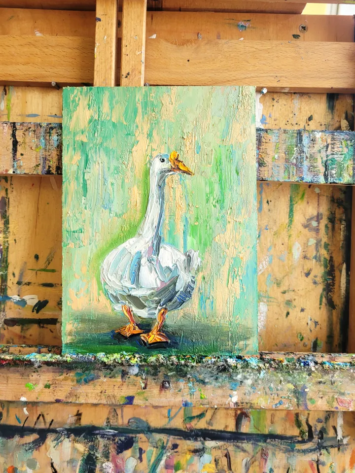 Goose Painting Farm Animals Painting Original Impasto Oil Painting 5x7 Duck Painting White Geese Painting Goose Art Bird Art by ArtFromVictoria