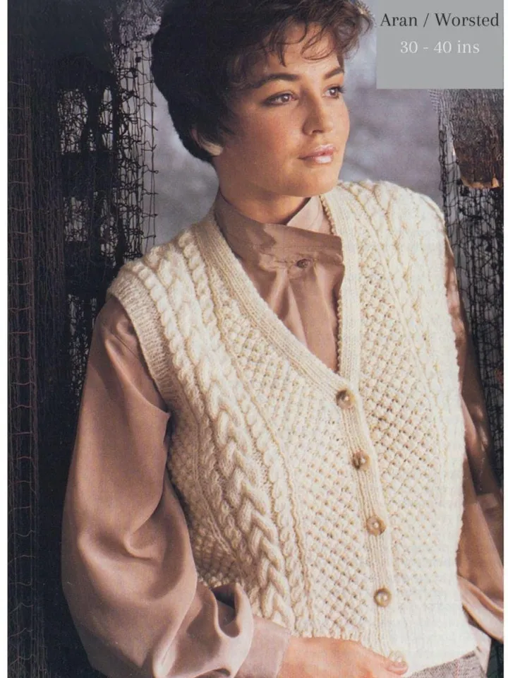Aran waistcoat knitting pattern, sleeveless cardigan knitting pattern pdf, women ladies waistcoat vest instant download