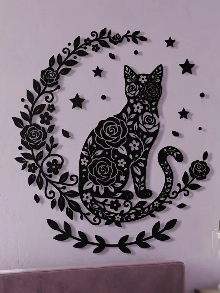 Cat & Moon SVG Bundle | Celestial Cat Silhouette with Floral Detail | Starry Night Wall Art | Instant Digital Download