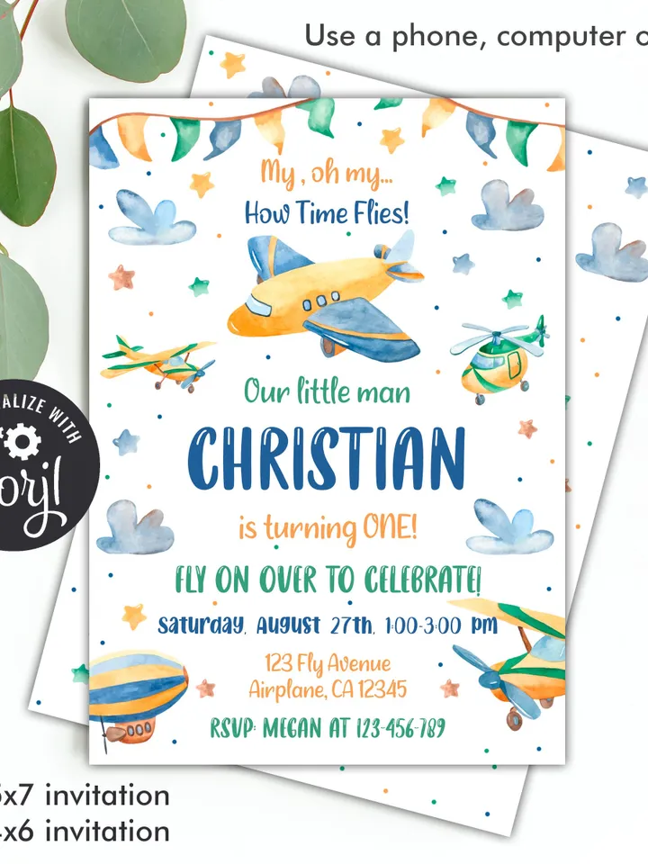 Airplane Birthday Invitation, Airplane Invitation For Boy, Plane Birthday Invitation, First Birthday Boy Instant Download Editable Template