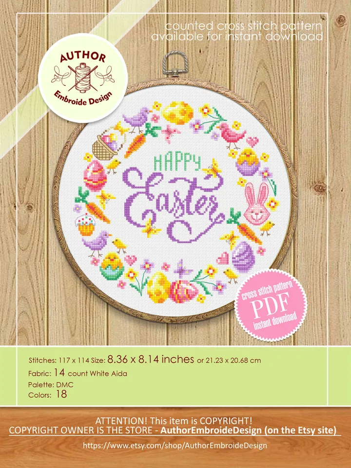Easter wreath cross stitch pattern PDF download Happy Easter cross stitch chart, Pastel Easter pattern digital PDF, Easter wall decor #T32
