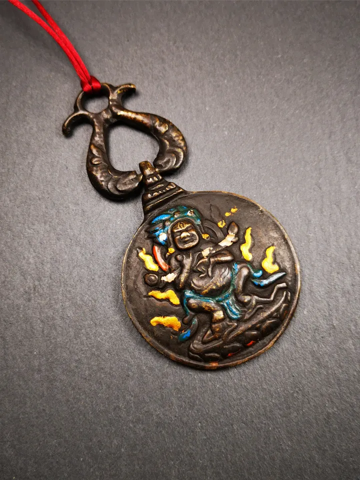 Gandhanra Vintage Tibetan Buddhist Calendar Badge,Panjaranata Mahakala Melong Mirror, SIPAHO Amulet(srid pa ho),Made of Brass,1.89&quot;