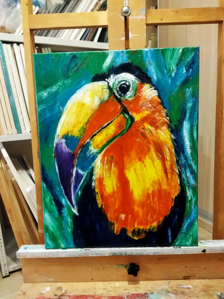 Oil painting on canvas with a bird