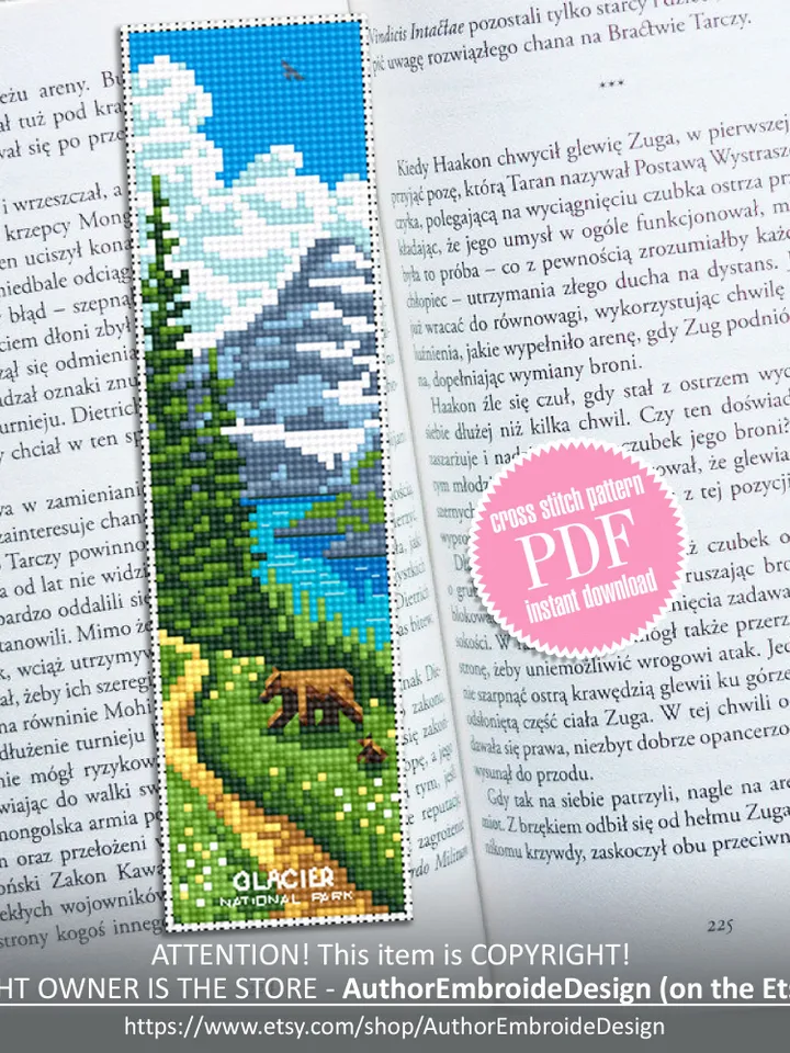 Glacier national park bookmark cross stitch pattern PDF download Nature cross stitch chart, Digital bookmark pattern, Bears, Mountains #B222