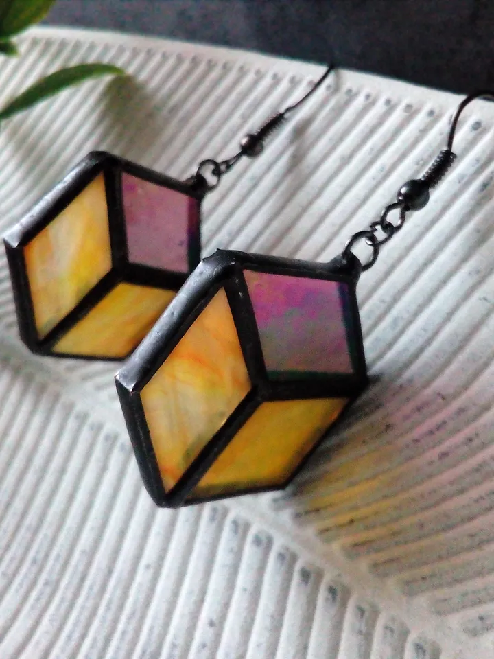 Cube hexagon geometric simple stained glass earrrings, honeycomb Iridescent earrings