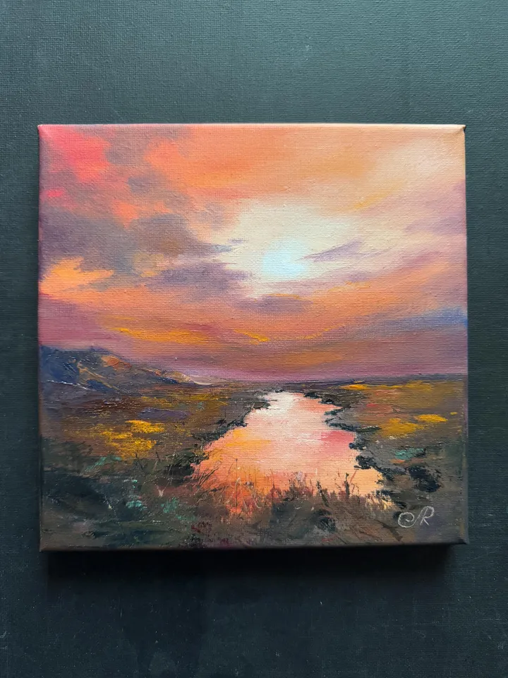 Sunset Oil Painting Rustic Wall Art Field Original Painting