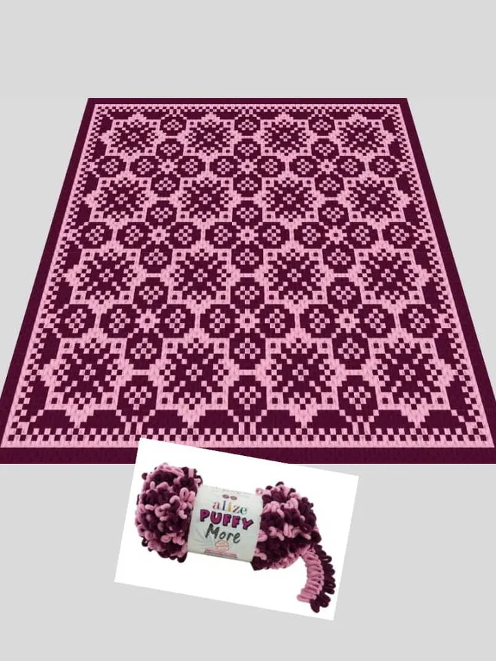 Flowers Lace Mosaic-Loop yarn Finger knitted blanket pattern
