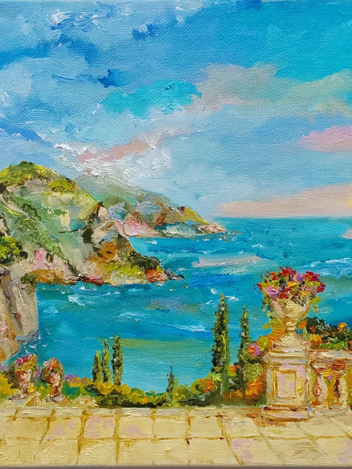 "Terrace overlooking the sea" oil painting on canvas 35x25cm (14x10 inch)