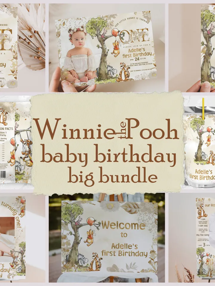 DIY Winnie Pooh Birthday Bundle; Editable 1st Birthday Party Template; Winnie the Pooh Birthday Party; Pooh Birthday Party Decoration poom88