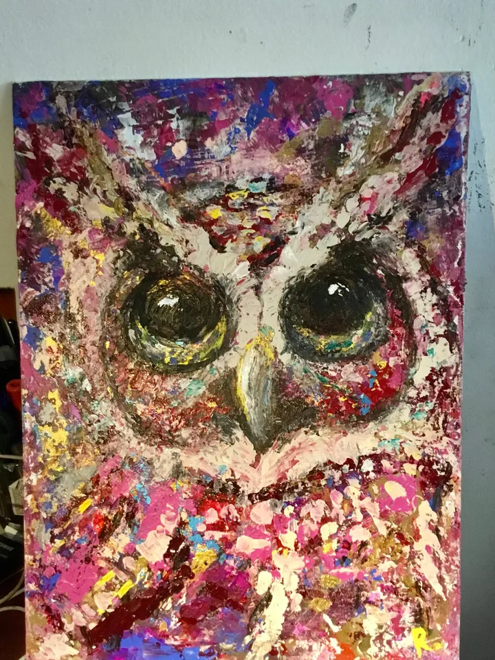 Colourful red owl painting on canvas board,original mix media brigh home decor wall hanging artwork,unique handmade gift for animal lovers