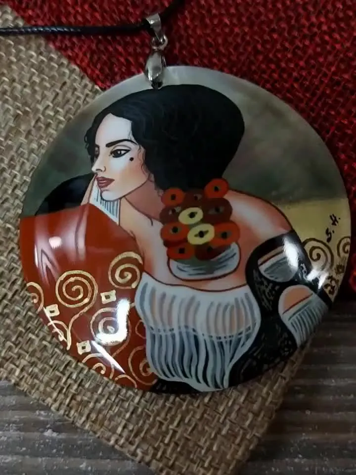 Gustav Klimt. Pendant " Judith ". Mother-of-pearl Russian hand-painted necklace. Hand paint necklace pendant.Hand painted miniature painting