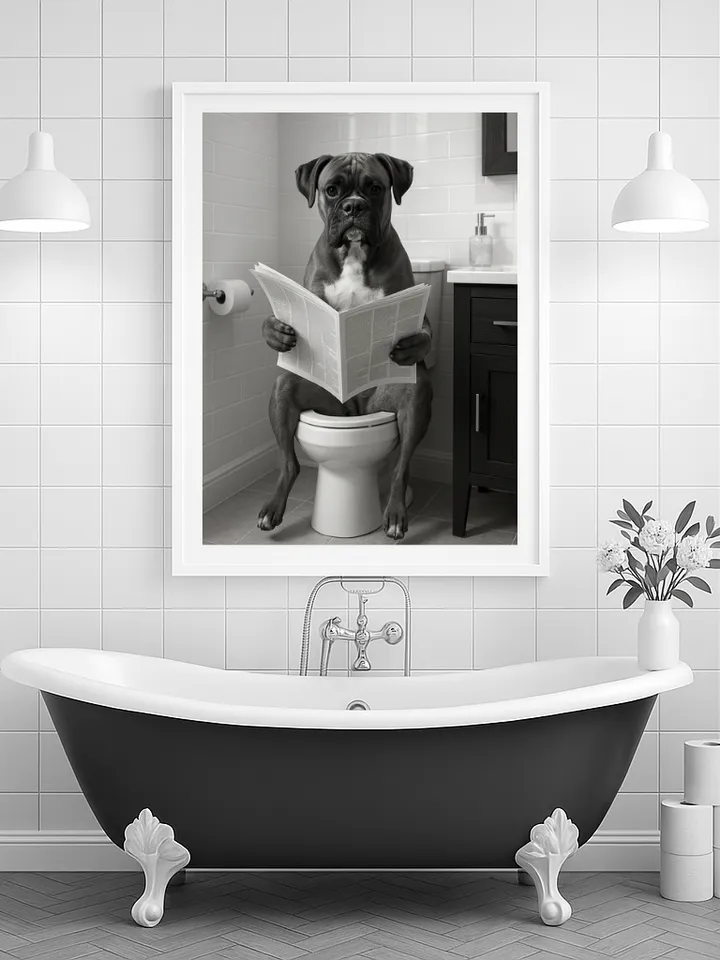 Funny Dog Reading on Toilet Wall Art, Boxer Bathroom Humor Print, Pet Lover Digital Download