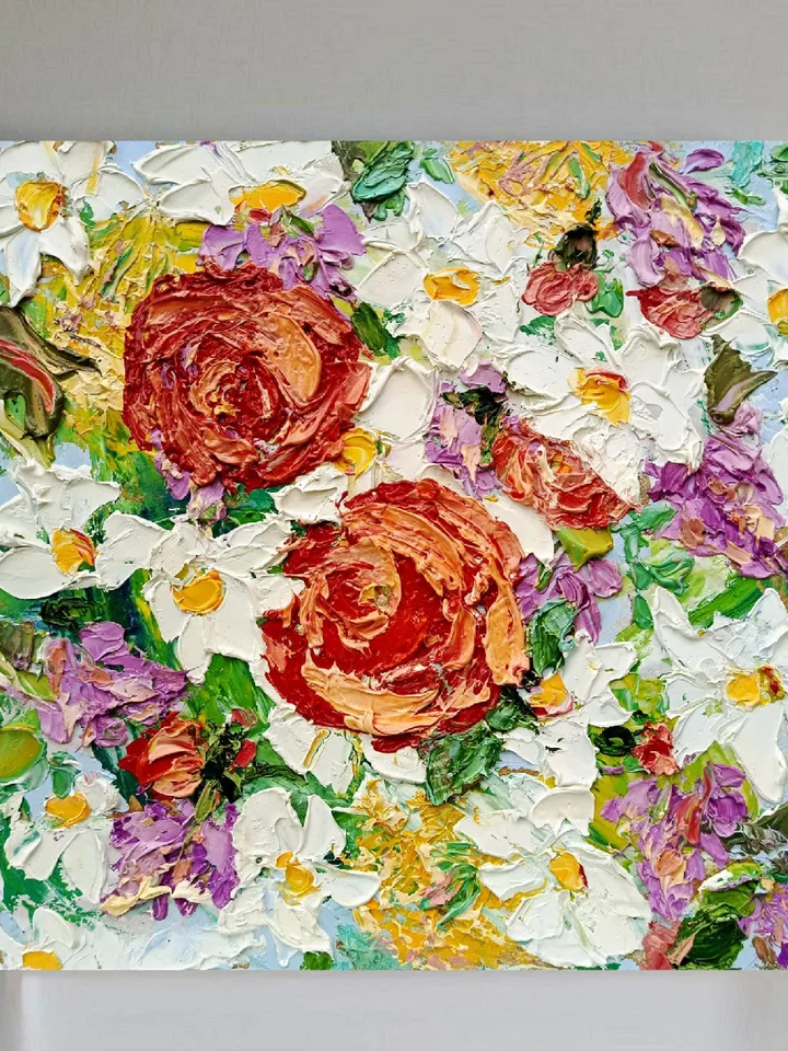 Impasto Oil Painting Impressionist Original Art 8x8 Pink Red Flowers Small Artwork Blooms of Bliss Peonies Floral Art by ArtProkopaloSv
