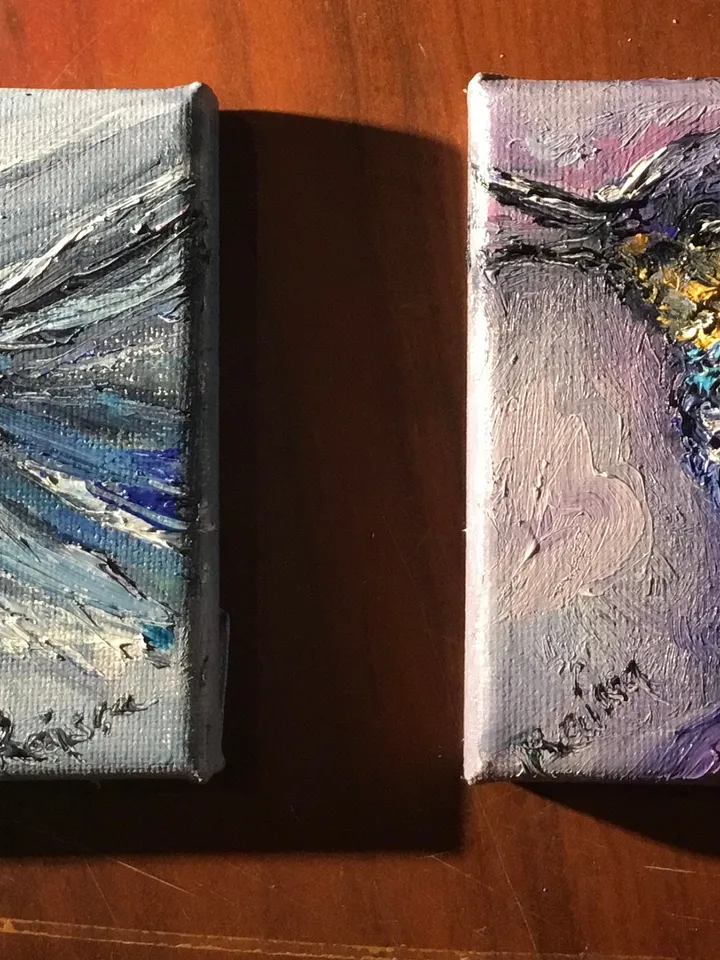 Hummingbirds couple diptych,set of 2 hummingbirds painting,small canvas paintings gifts, wedding gifts wall decor,exotic birds oil painting,