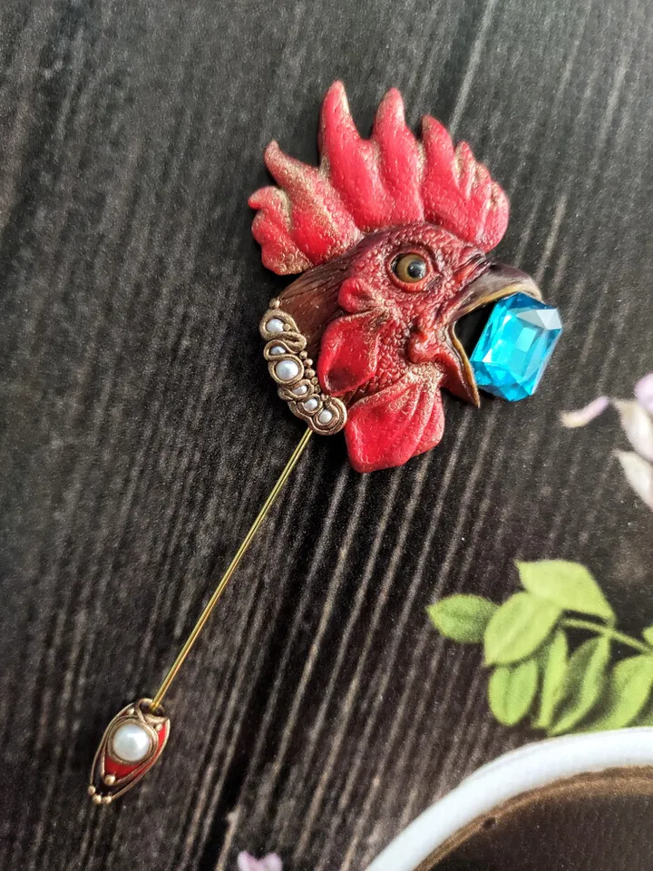 Brooch Rooster. Original handmade brooch with precious stones and pearls.