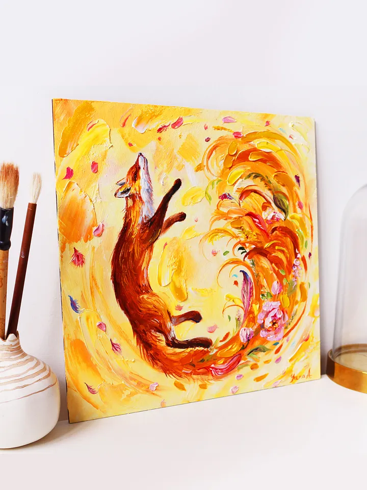 Fox Oil Painting Original Textured Handmade Fox Artwork 10 by 10 inches
