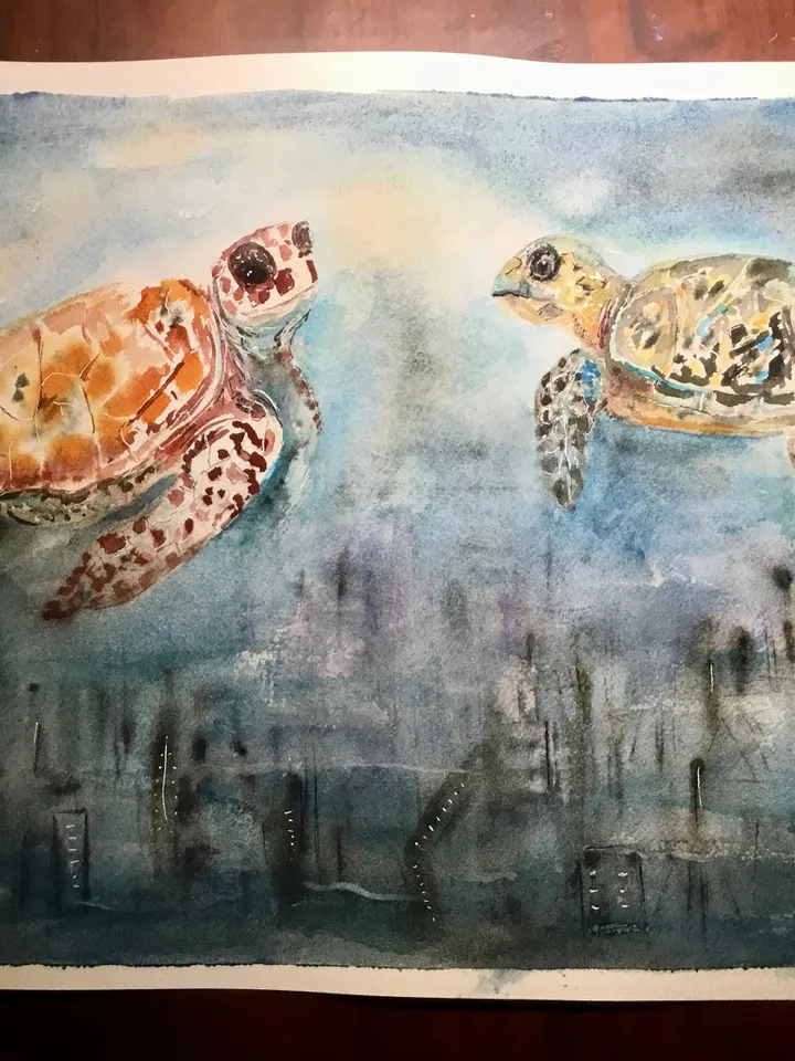 Turtles flying over a fantasy town,original watercolor painting,turtles painting,animals watercolor painting,fantasy wall art.