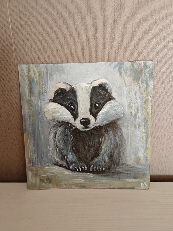 Badger Original Painting Cute Badger Original Art Animal Artwork Badger Funny Oil Painting Cute Badger Wall Decor Art 8 x 8 inches by OlgaSokolovaArt