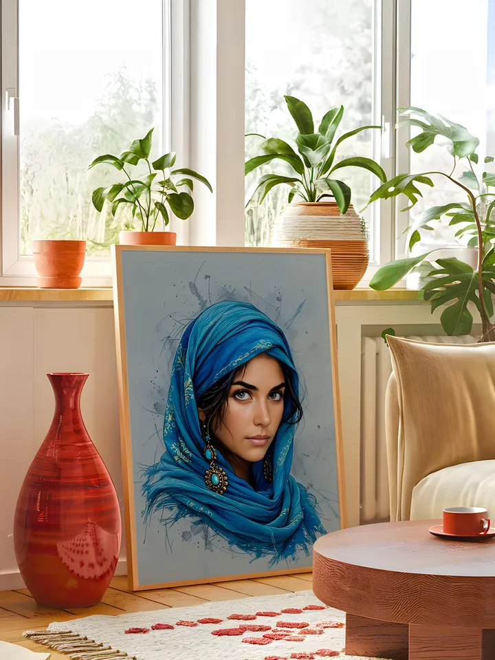 Afghan Woman Portrait Wall Art Modern Indigo Print Middle Eastern Heritage Poster Arab Woman Artwork Blue Gallery Digital Download