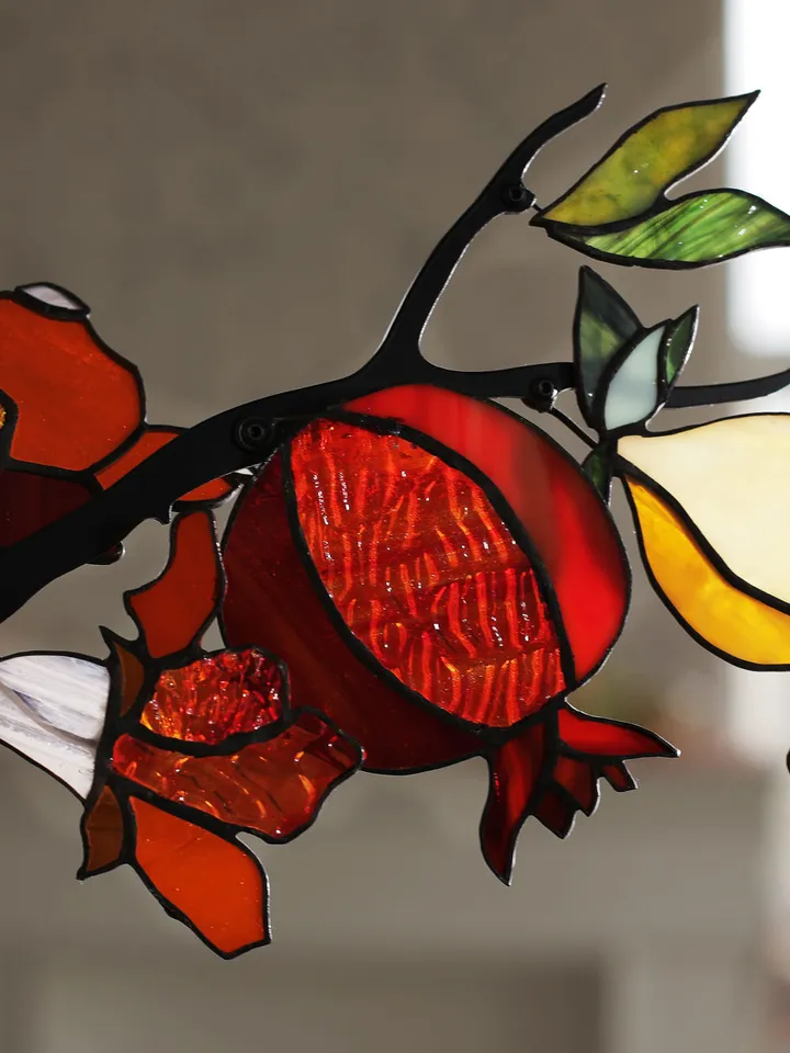 Pomegranates. Stained Glass Composition in Tiffany Technique, Tiffany Technique Stained Glass Composition, Tiffany-Style Stained Glass Artwork, Stained Glass Creation in Tiffany Style, Tiffany Technique Stained Glass Design, Stained Glass Art