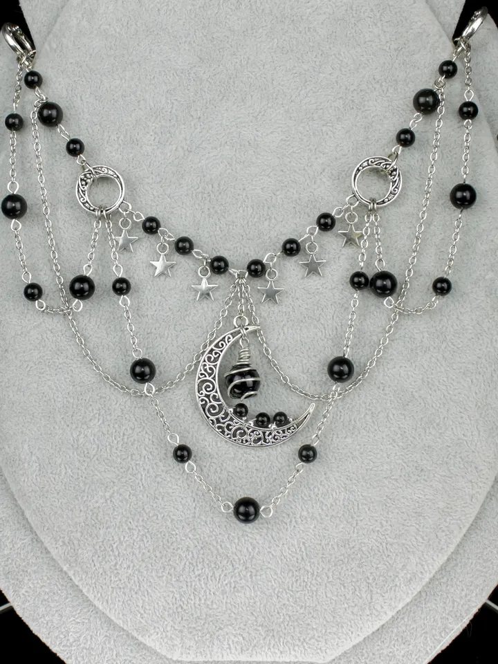 Star and moon necklace and earringsy | Boho Celestial Set | Obsidian Necklace | Vintage Moon Earrings | Unique Gift