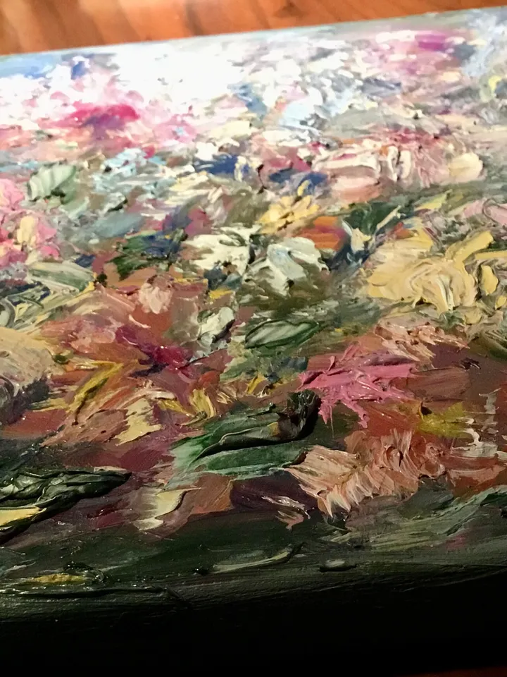 Semi - Abstract pink and yellow flower garden,original impressionistic oil painting on small canvas,unique art gift,home decoration