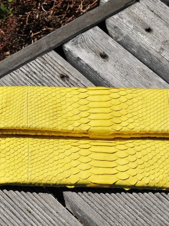 Genuine python skin yellow handmade clutch, classy elegant leather envelope bag, purse free shipping, flat snake leather clutch,small clutch