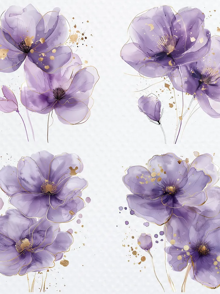 10 Abstract Flowers PNG Bundle, Purple Flowers Printable Watercolor clipart for sublimation, Digital download, Paper craft, junk journals