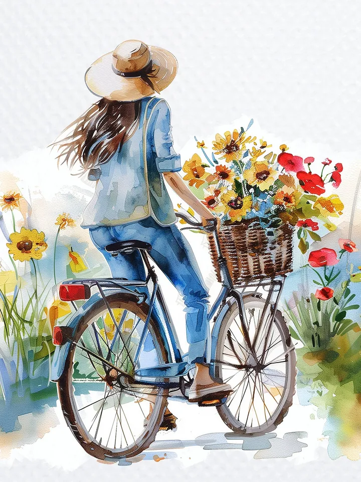 12 PNG Woman on Bicycle Clipart Bundle, Printable Watercolor Floral Bicycle images for sublimation, Digital Paper craft, junk journals