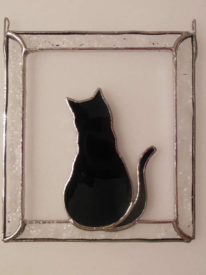 Black Cat in Frame Stained glass window hanging Suncatcher . Gift for animal lover, pet loss memorial .