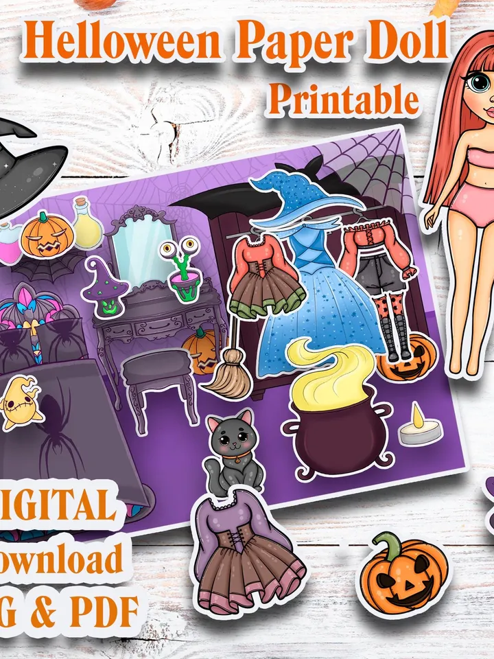 Printable Witch Paper doll with a set clothes, Halloween printable doll house, Blythe paper doll dress up, Busy book printable crafts kids