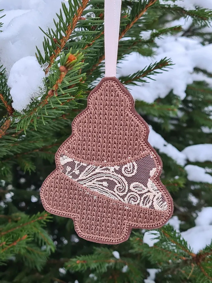 New Year's set of designs of six Christmas tree decorations and a gift box.