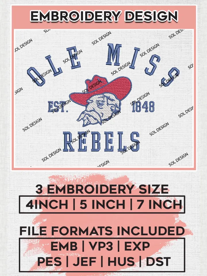 Ole Miss Rebels Est 1848 Embroidery Designs, NCAA Ole Miss Rebels Team Embroidery, NCAA Team Logo, 3 sizes, Machine embroidery Files, Digital Download