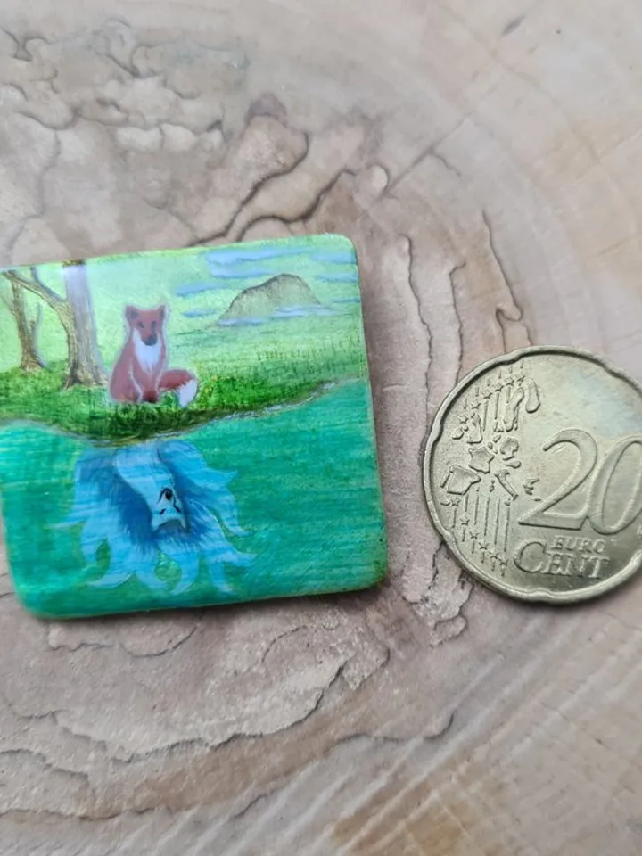 Kitsune brooch, real oil painting miniature on mother of pearl. Kitsune fox pin