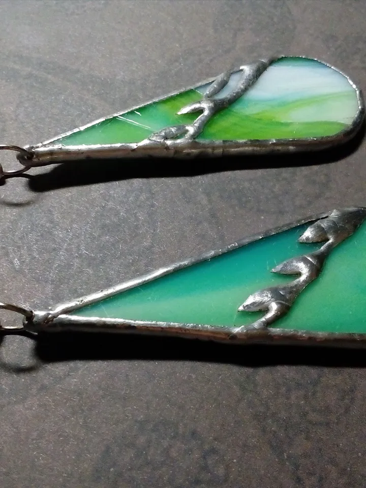 Green glass earrings, Dangle earrings, stained glass earrings, leaf drop earrings, simple stained glass